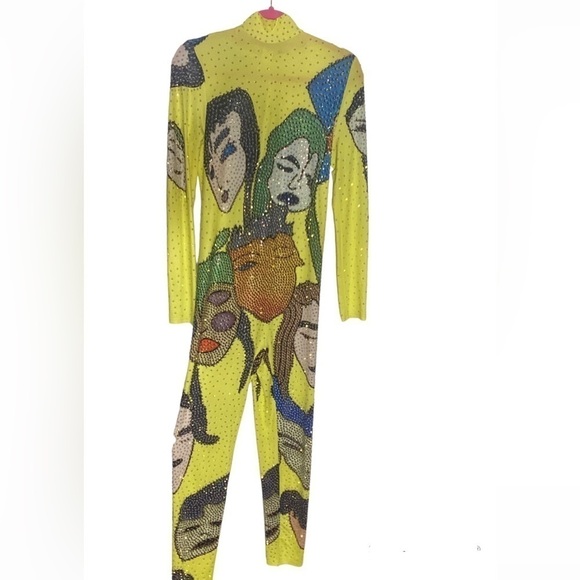 Pop Art Rhinestone Mesh Jumpsuit Yellow Long Sleeve Bodysuit Costume Style Sz L - Picture 2 of 7